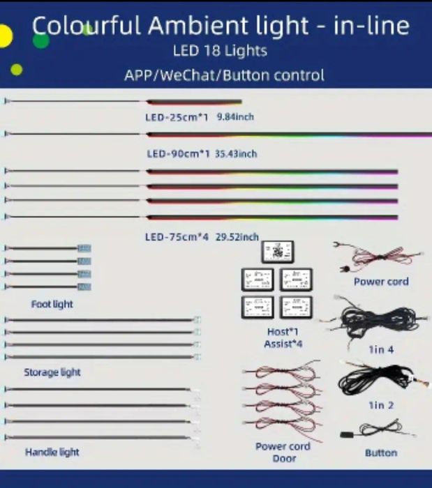 128-цветни RGB LED амбиентни светлини за кола, 12V, App управление
