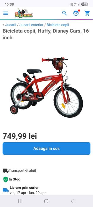 Vând bicicleta copii Disney cars 16 inch