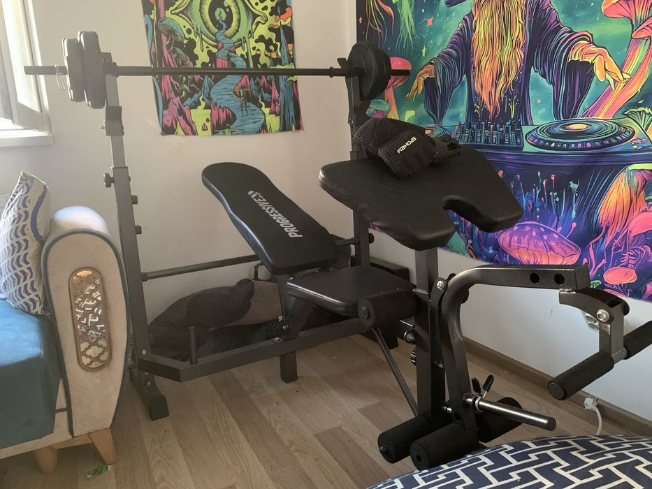 Bancă multifuncțională + set gantere și haltere 38 kg | Sală acasă completă