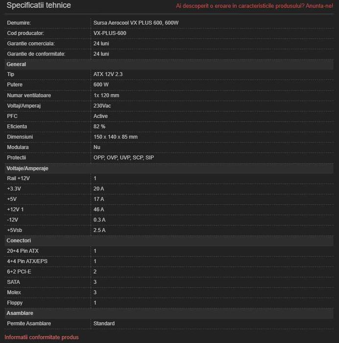 Sursa PC AeroCool VX PLUS 600w