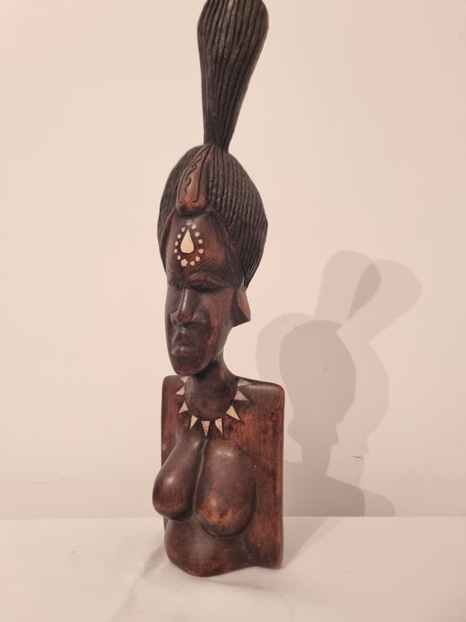 Sculptura lemn masiv bust femeie africana inserti fildes