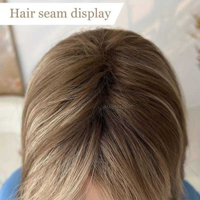 Тъмно руса перука с фини светли кичури и дълъг бретон