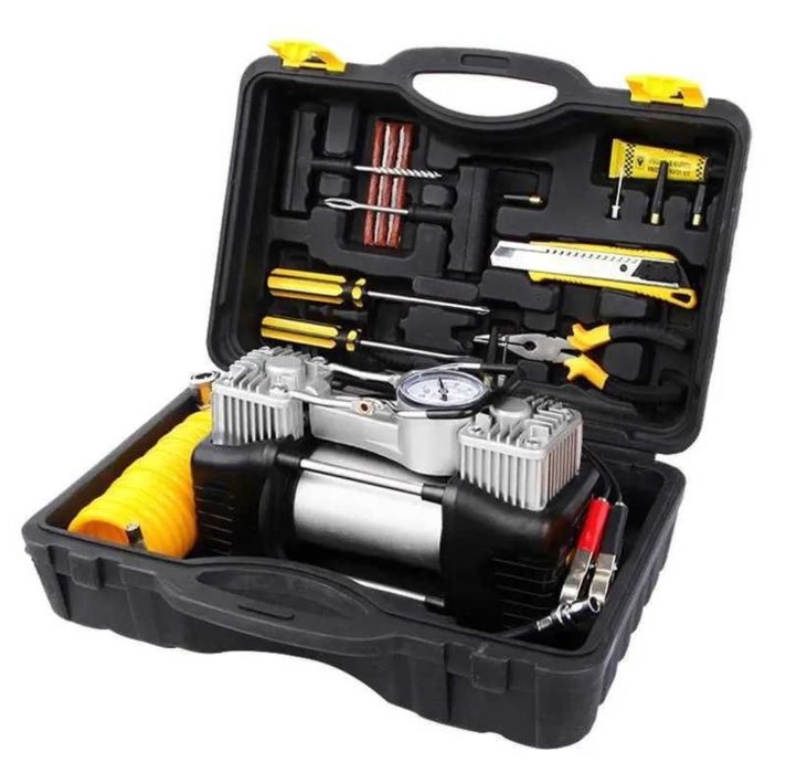 Двуцилиндров компресор за гуми в куфар с инструменти Пътна помощ