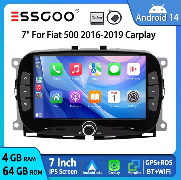 7" Fiat 500 16-19г Carplay android 14