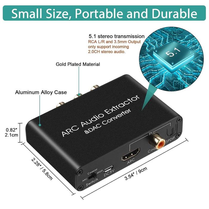 Adaptor Audio Extractor HDMI ARC 2.0 5.1+192KHz Convertor DAC,Digital