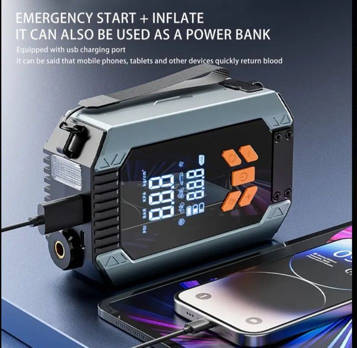 Портативный компрессор насос для авто и powerbank и фонарь аварийный
