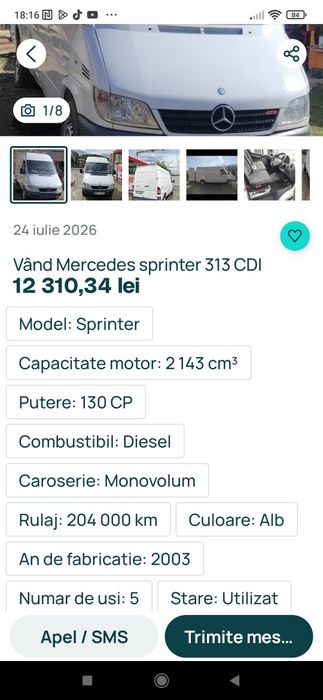 Vând autoutilitara Mercedes Benz 311 din2003 motor2.2  165 mile preț 2200 euro