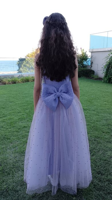 Детска дълга рокля  с дантела,  тюл и перли