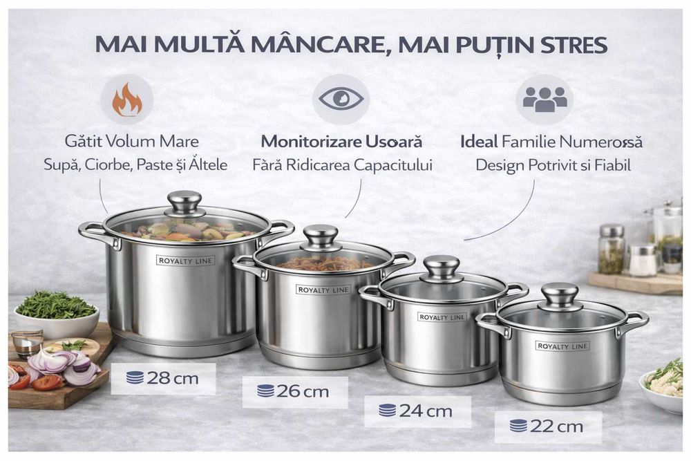 Set oale inox Royalty Line, 8 piese, capace din sticla