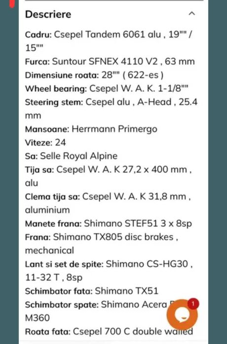 Bicicleta tandem pentru 2 persoane sigilata sch. shimano - csepel 200