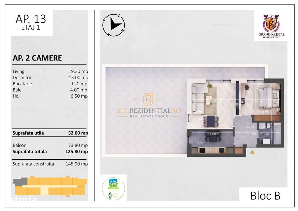 Nou! Apartament decomandat, 2 camere, balcon 74mp - Bd Metalurgiei