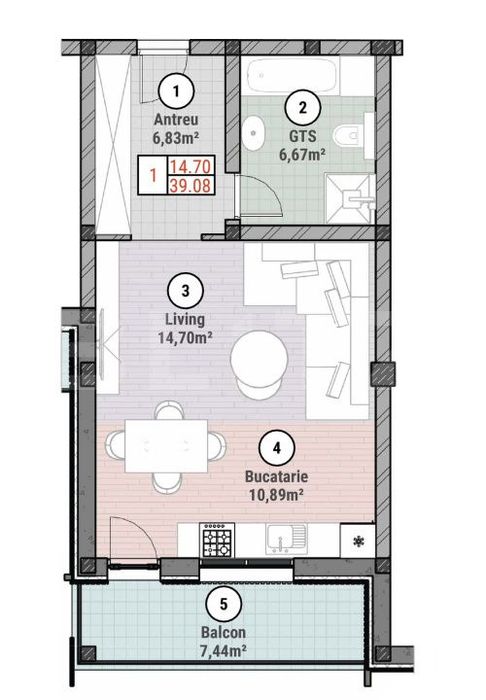 Apartament cu 1 camere 39 mp utili
