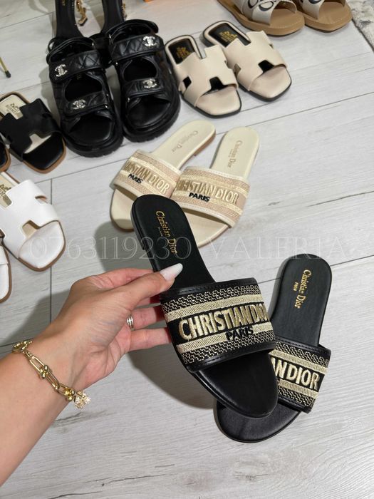 Papuci Slapi Piele eco Brodati Textil - Negri