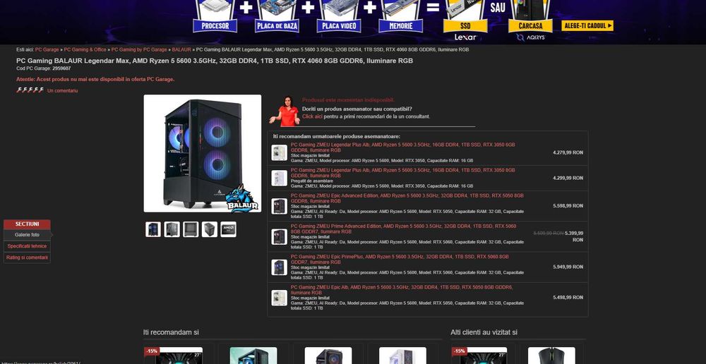 PC Gaming RTX 4060 8GB + 32GB RAM + Monitor  144Hz + Mouse + Tastatura