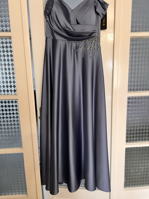 Rochie albastru gri de seara eleganta cu strasuri de cristal