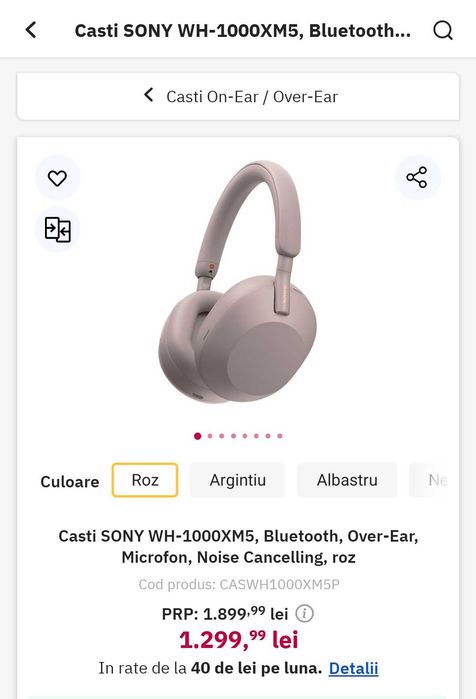 Casti SONY WH-1000XM5, Bluetooth, Over-Ear, Microfon, Noise Cancelling