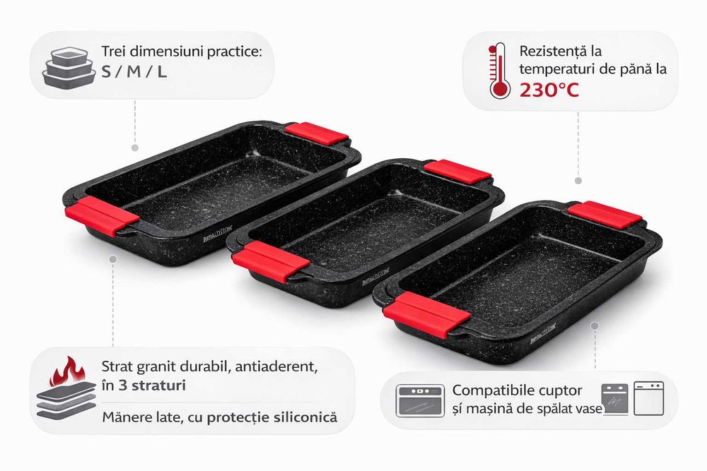 Set 3 tavi de copt Royalty Line cu strat granit, S/M/L
