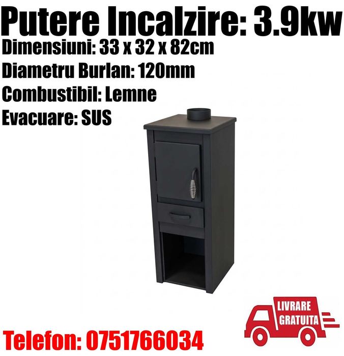 Semineu Incalzit Lemne Carbune Samotat Bucatarie Baie Camera Spatiu Depozit Garaj Cabana 33x32x82cm Evacuare 120 mm 3.9 kW + LIVRARE GRATUITA SB