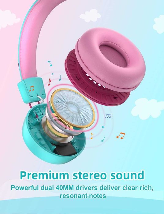 Детски Bluetooth слушалки RIYO с цветни LED светлини, ментово зелено