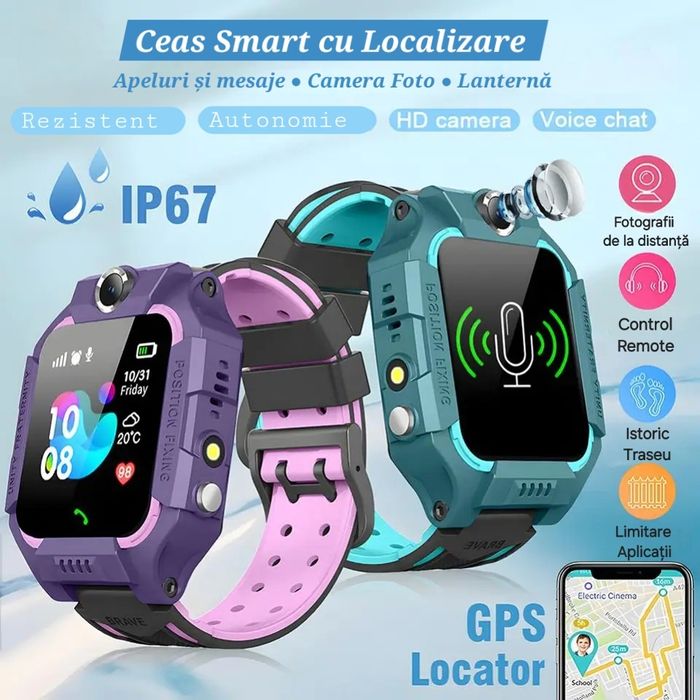 Ceas smart copii cu SIM. Localizare/SOS. Apel/Mesaje audio. Foto.
