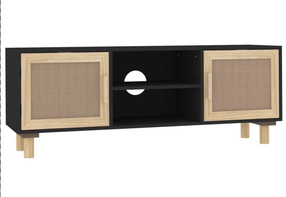 Comoda TV, negru, 105x30x40 cm lemn masiv pin si ratan natural
