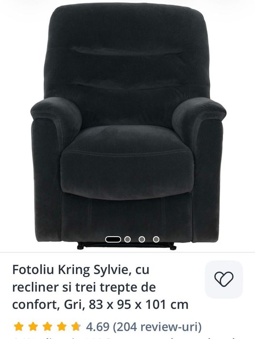 Fotoliu si Canapea Kring cu 3 locuri, 2 reclinere si 3 trepte de confort, Gri, 193 x 100 x 101 cm