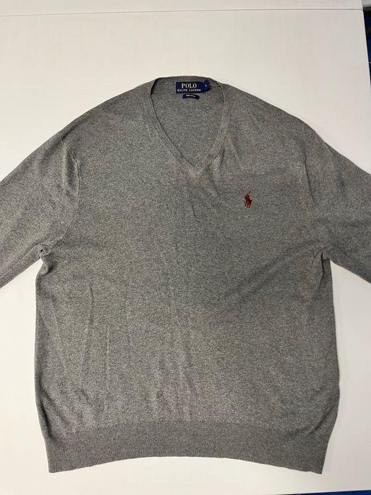 Pulover Polo Ralph Lauren cu guler în V, gri, mărimea L, bumbac Pima