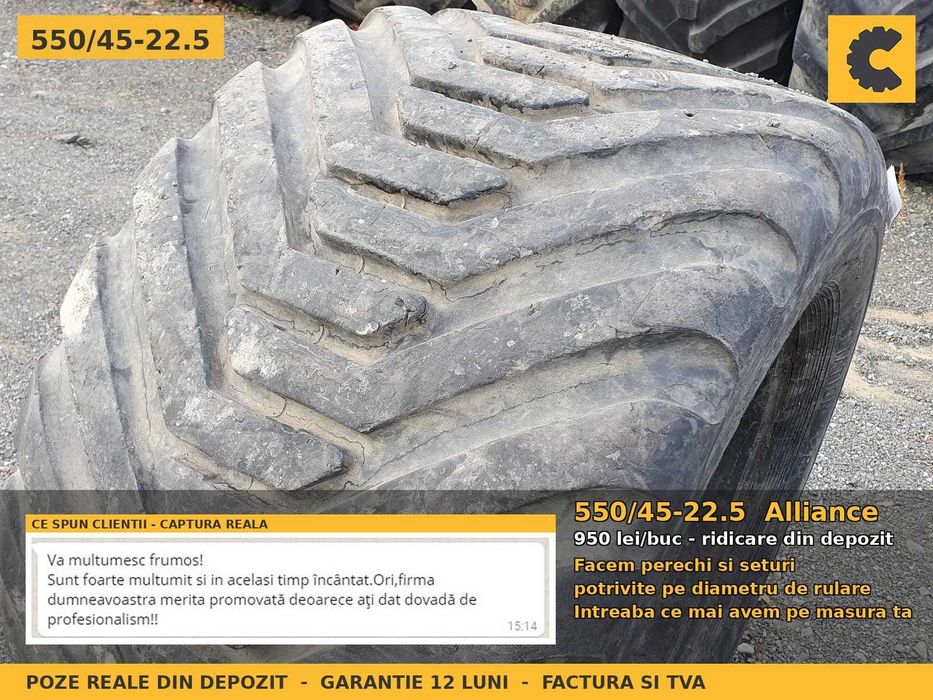 Anvelope Cauciucuri 550/45-22.5 550 45 22.5 55045225 550 45-22.5 Alliance Buldo Incarcator Utilaje Diagonal SH Second Hand GARANTIE Garantie 1 An