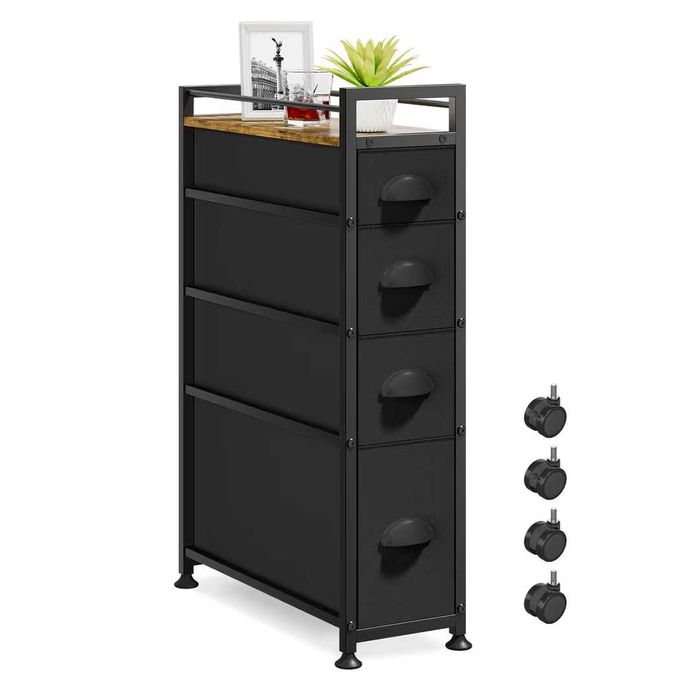 Comodă îngustă VASZOLA cu 4 sertare textile, roți, blat lemn – Negru