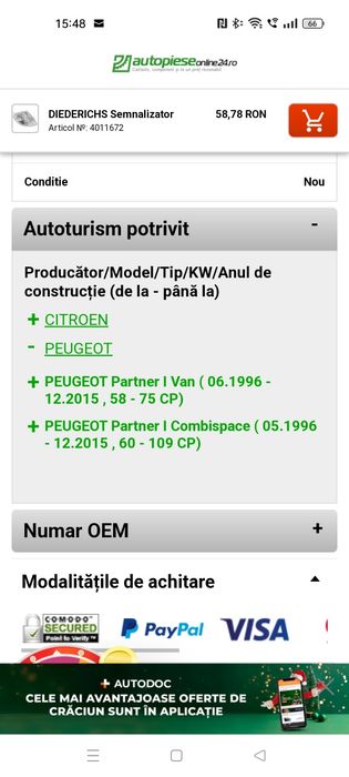 Semnalizator dreapta Citroen Peugeot,nou.