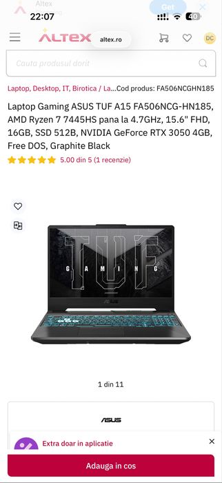 Laptop ASUS TUF A15, AMD Ryzen 7, 15.6”, 16GB, SSD 512, RTX 3050