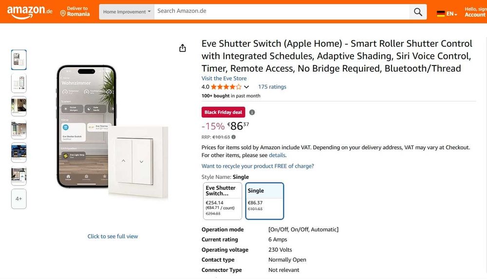 Intrerupator Smart Pentru Jaluzele, Eve Shutter Switch