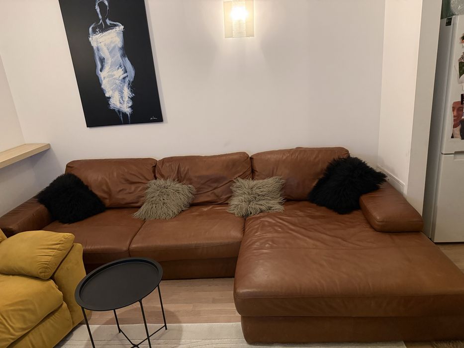 Canapea  de Colt   4 locuri Piele   -Lounge  Cognac