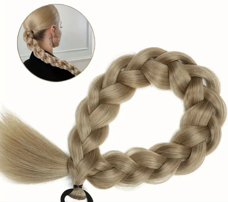 Плетена дълга опашка екстеншън с ластик , синтетична коса 60см