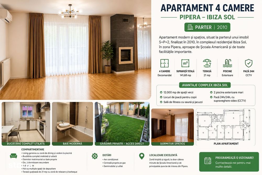 Apartament 4 camere parter-complex cu acces la grădină si piscina