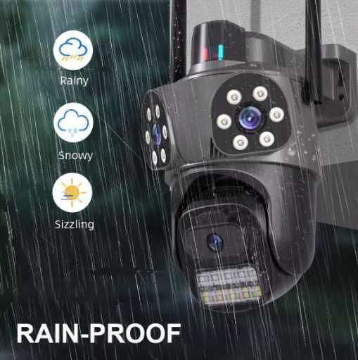 Тройна външна въртяща WiFi AI камера 12MP с три обектива, ICSee, Черна