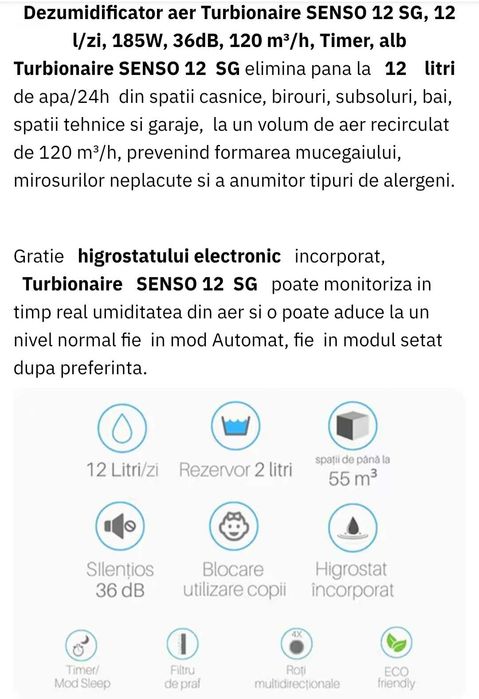 Dezumidificator aer Dezumidificator aer Turbionaire SENSO 12 SG, 12 l/zi, 185W, 36dB, 120 m/h, Timer, alb