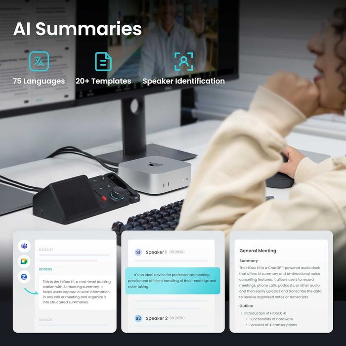Stație de andocare USB C H1E cu înregistrator vocal AI