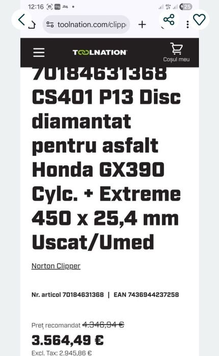 Norton Clipper CS401-P13 Masină taiat asfalt,beton  An 2025 Disc 450 m