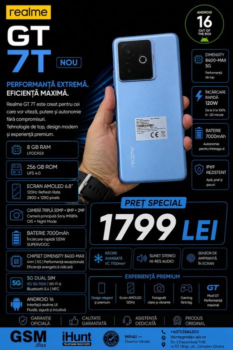 Realme GT 7T, 12/256 GB, Sigilat, Garanție