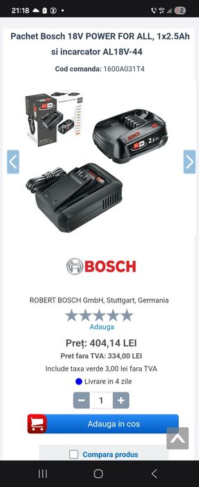 KIT Bosch incarcator+acumulator 3ah NOI