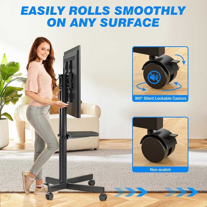Suport TV mobil Rfiver cu raft pentru laptop, suport TV cu roti pentru televizoare de 32-75 inch, inaltime reglabila, capacitate de pana la 40 kg