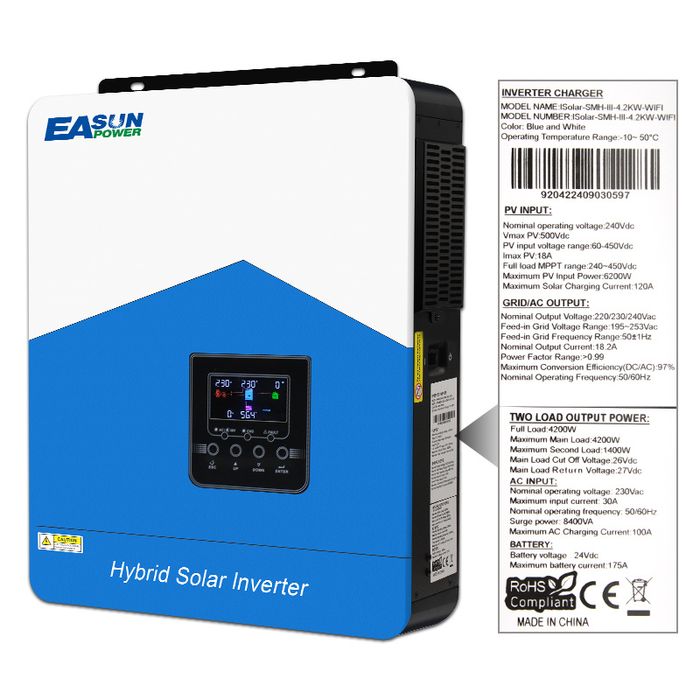 Invertor EASUN 4.2K MPPT Solar Inverter 24V 220V Pure Sine Wave Off Grid Hybrid Inverter 120A