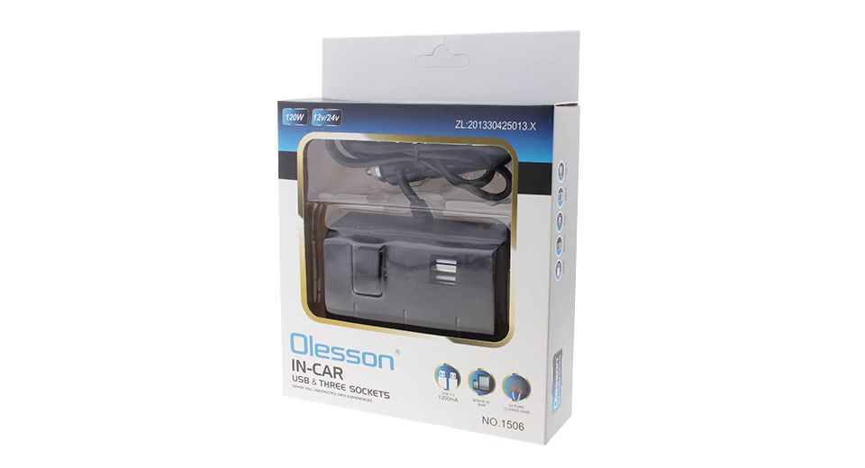 Разклонител за кола Olesson, Модел 1506, 3 гнезда за запалка, 2 х USB