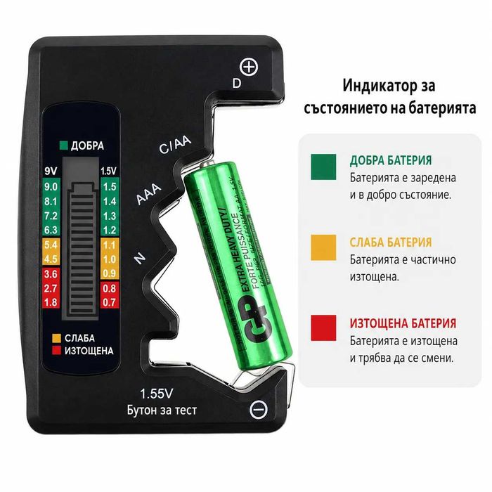 Универсален тестер за батерии AA AAA C D 9V и бутонни батерии