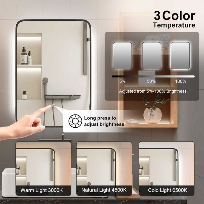 Вграден шкаф за баня, LED ЛЕД с огледало, черен, 3-цветни осветени