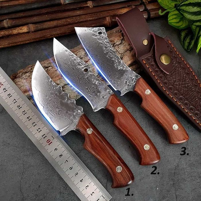 Ловни ножове 3 модела от дамаскова стомана: за дране, сатър, ловен