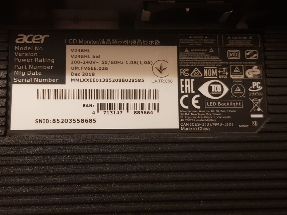 Monitor Acer V246HL de 24 inch Full HD 1920 x 1080 cu cabluri hdmi si vga
