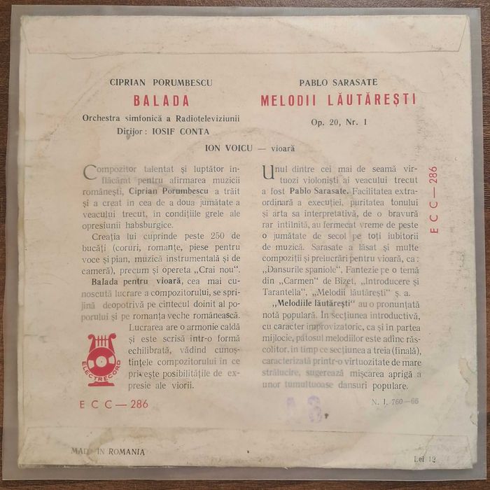 Disc vinil Ion Voicu, Ciprian Porumbescu, Pablo Sarasate- Balada/ Melodii lăutărești Electrecord ECC 286