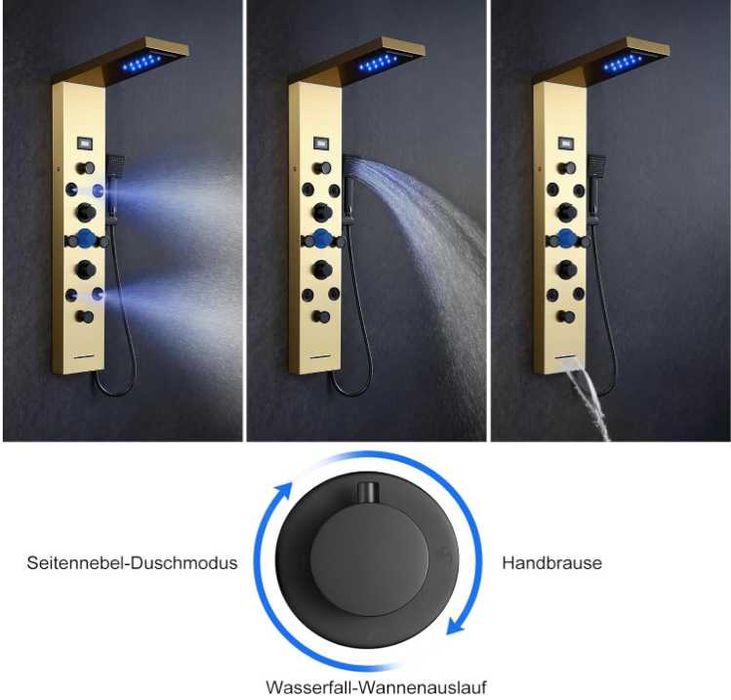KEOKBON LED душ панел, 6 в 1 душ панели с кран от неръждаема стомана